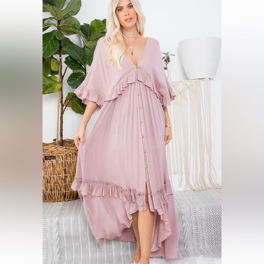 Boho High-Low Ruffle Maxi Dress - Dusty Rose